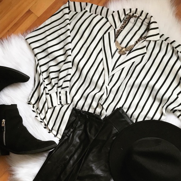 Black and White Pinstriped Draped Blouse - Picture 2 of 6